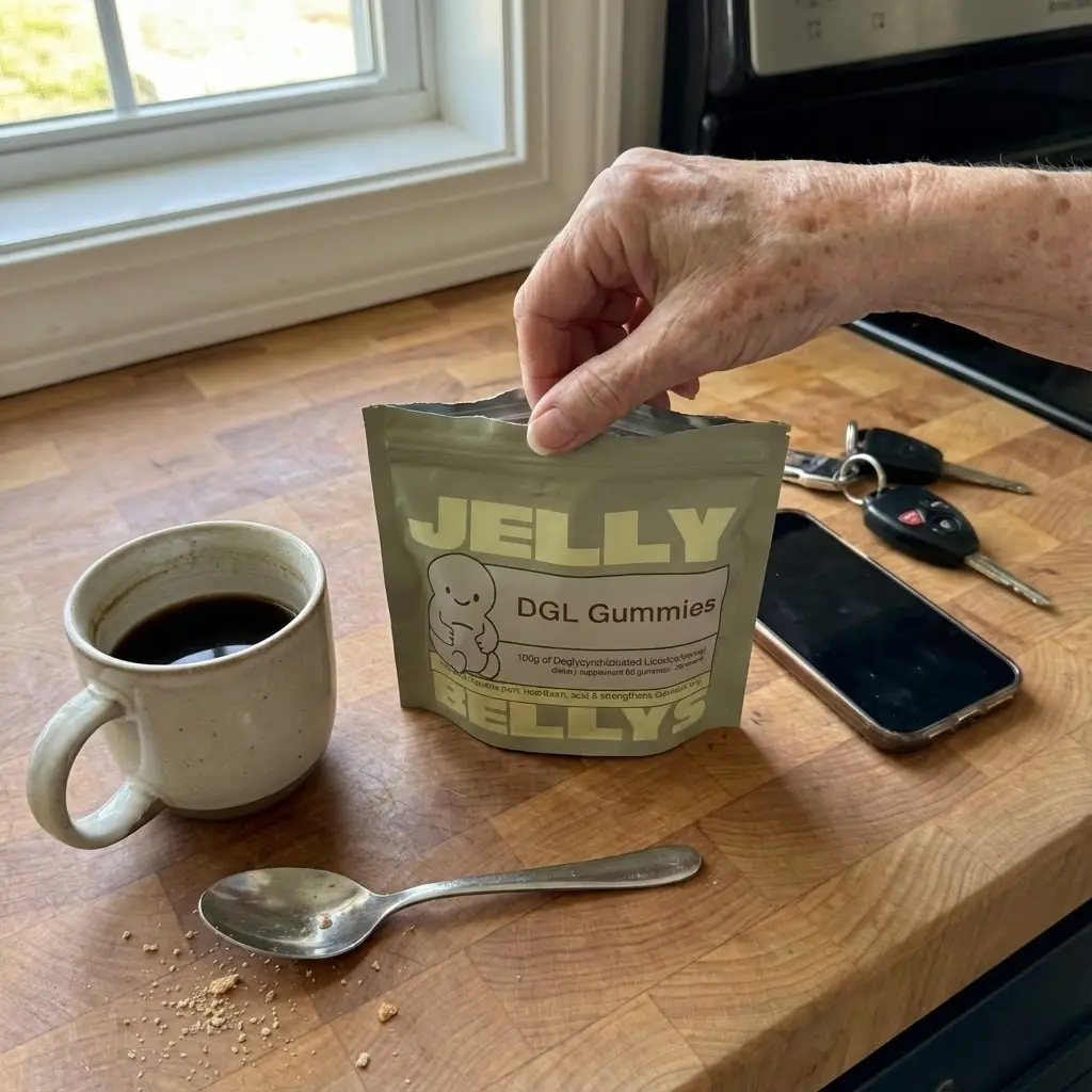 Hand holding a bag of DGL Gummies near a cup of coffee, spoon, phone, and keys.