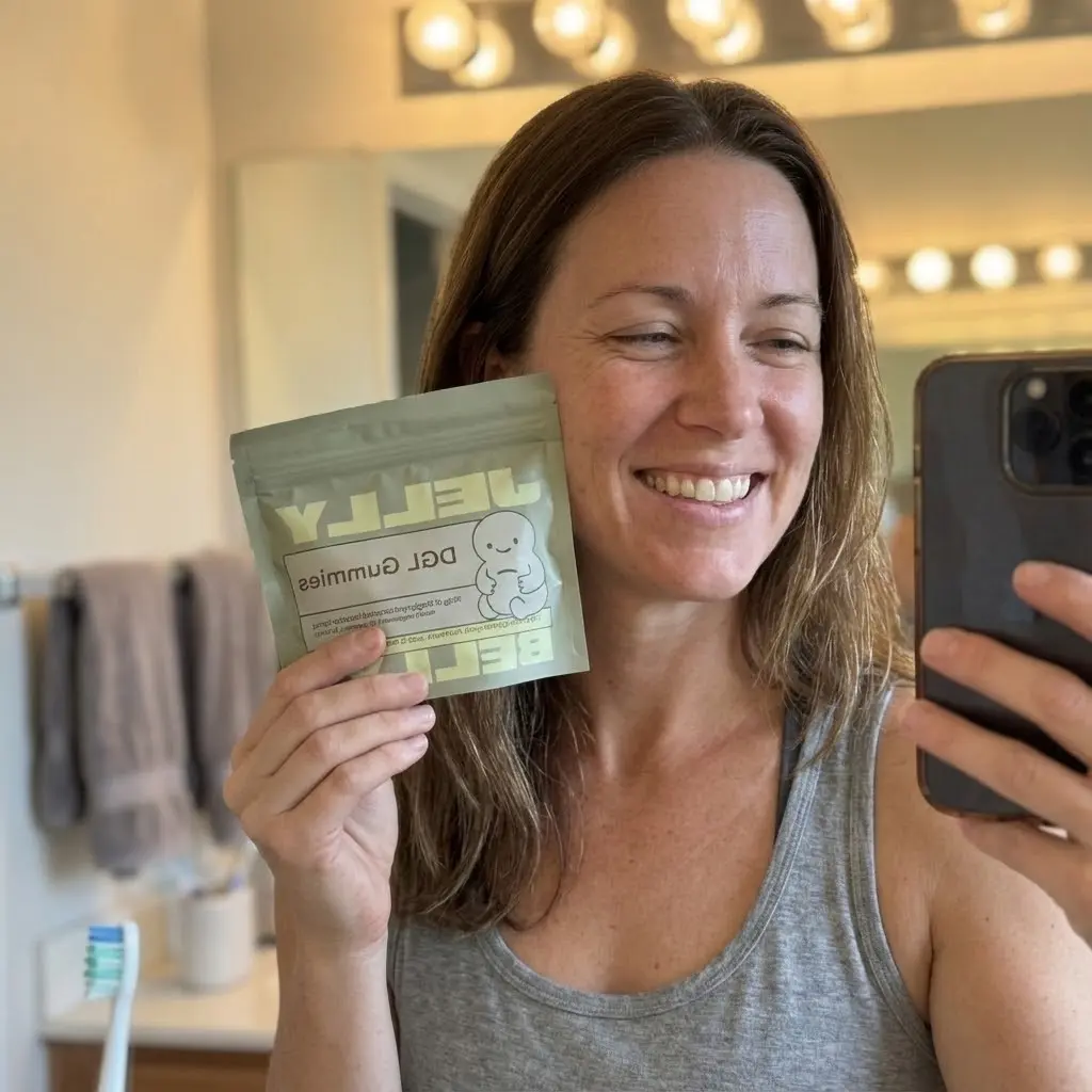Woman taking a selfie in a bathroom holding a packet labeled 'Jelly Gummies.'