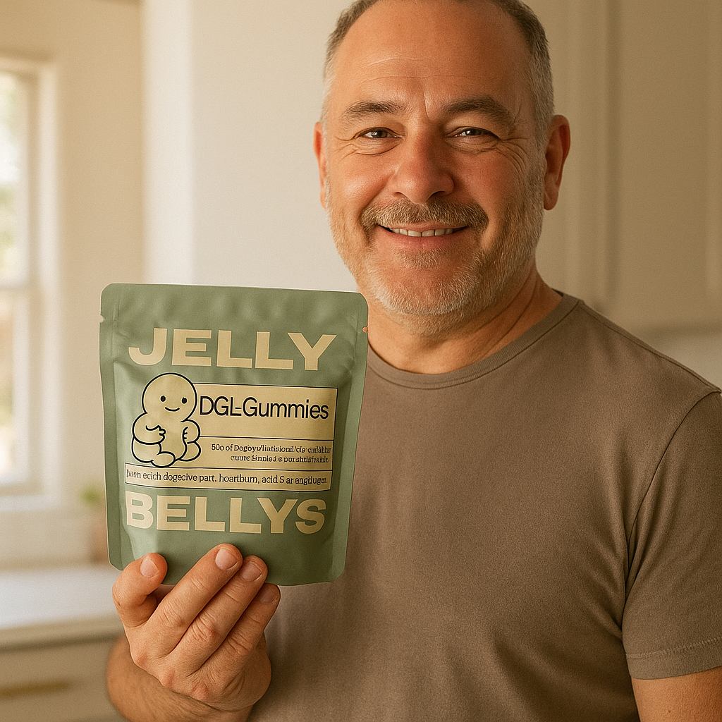 Man holding a package of DGL Gummies labeled 'Jelly Bellys.'
