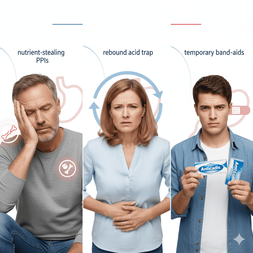 Three people showing discomfort with labeled digestive issues.