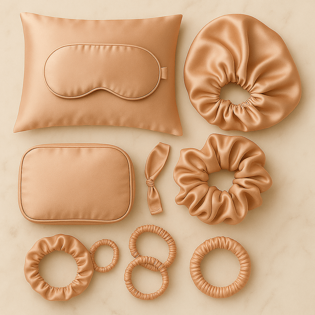 Assorted silk accessories including pillow, eye mask, scrunchies, and hair ties on a beige background.
