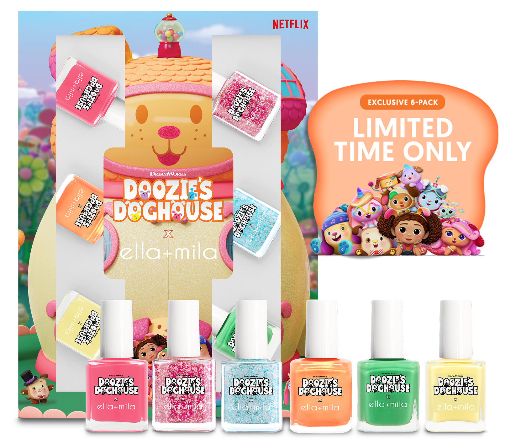 A six-pack of Doozie's Doghouse themed nail polish by ella+mila in a doghouse-shaped box.