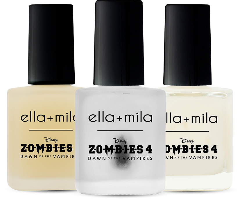 Three ella+mila nail polish bottles with 'Zombies 4' branding.