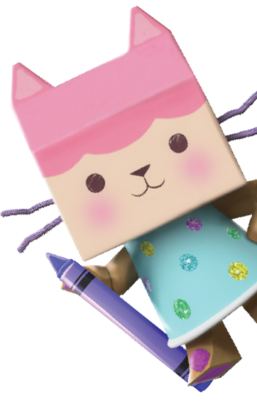 Cartoon cat character with a pink hat holding a purple crayon.