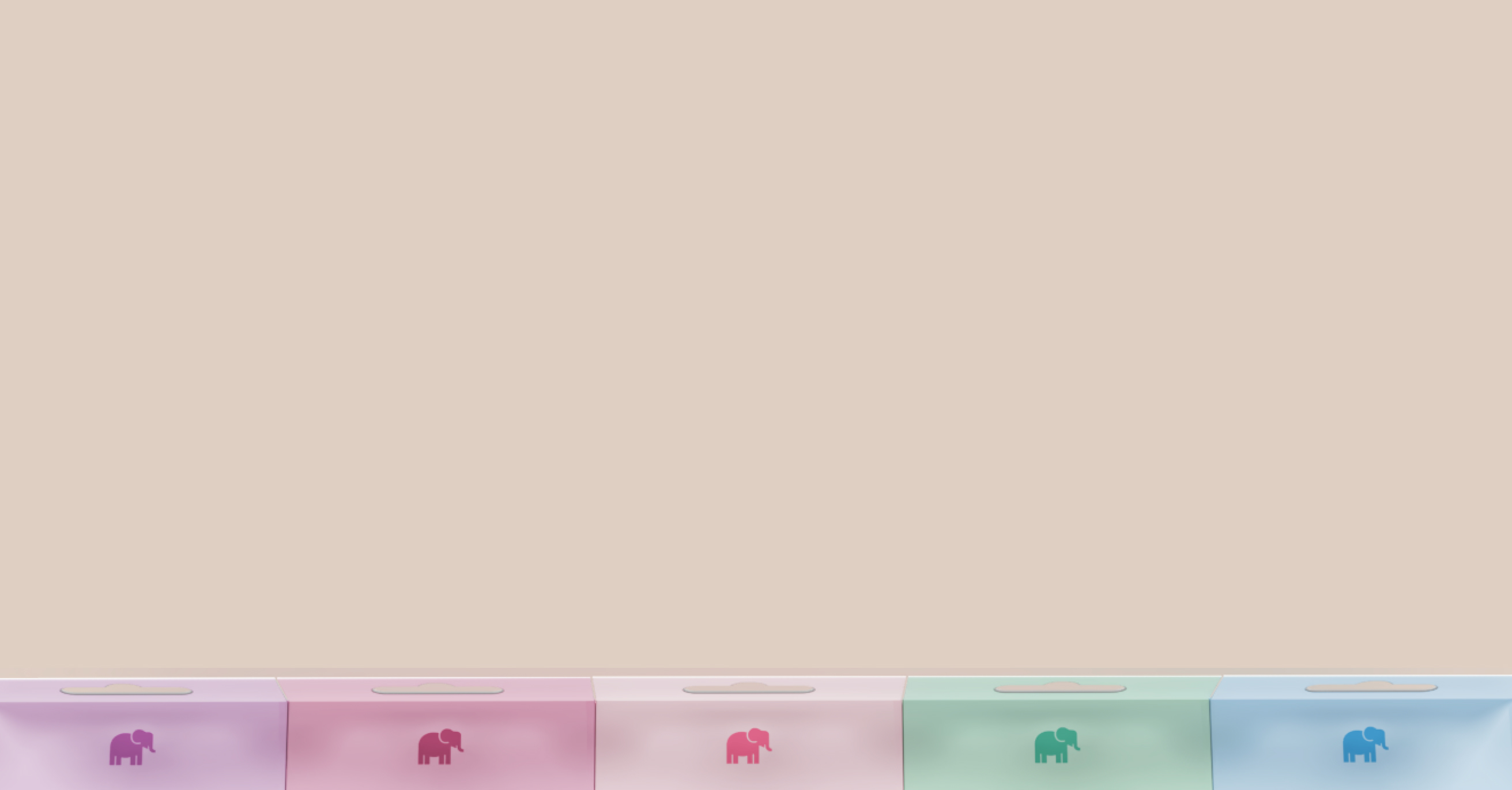 A row of five pastel-colored boxes, each featuring an elephant silhouette, against a plain background.