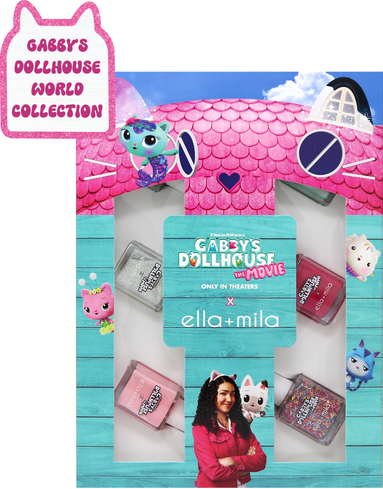 Gabby's Dollhouse themed nail polish set with colorful cartoon characters on packaging.