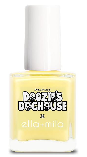 A bottle of pale yellow nail polish with a white cap and a 'Doozie's Doghouse x ella+mila' label.