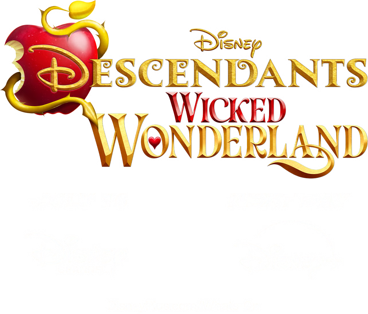 The official logo for Disney's 'Descendants: Wicked Wonderland,' featuring a bitten red apple wrapped in a golden vine.