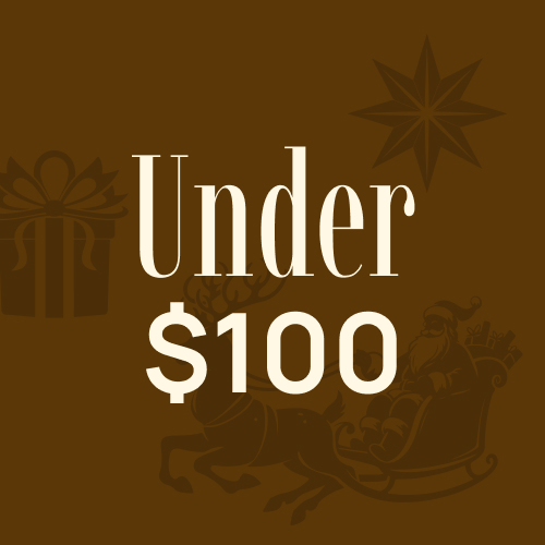 Text 'Under $100' with gift, star, Santa in sleigh on brown background.