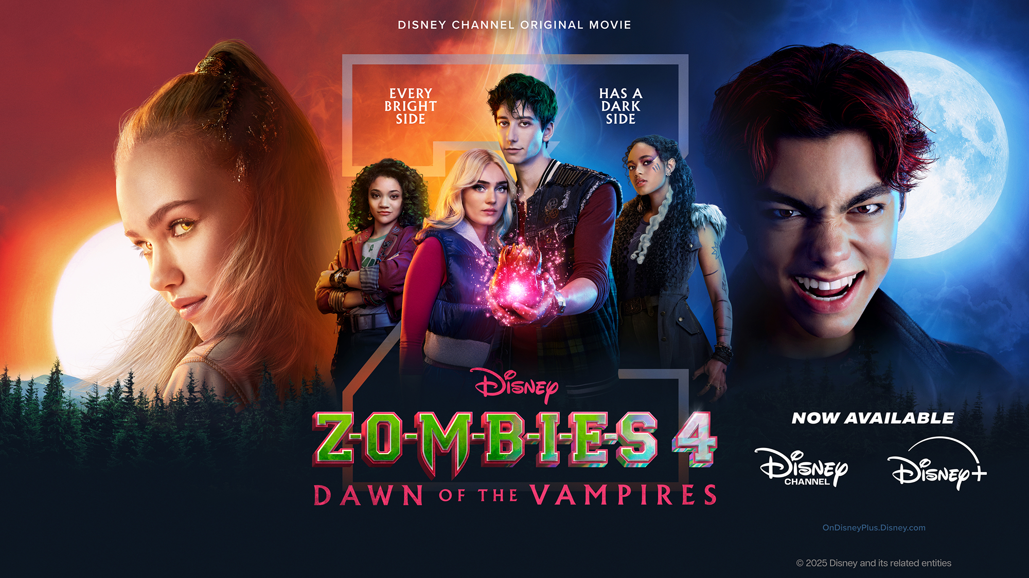 Poster for Disney's 'Zombies 4: Dawn of the Vampires' with characters and a sunset background.