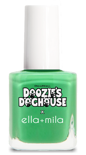 A bottle of green Doozie's Doghouse x ella+mila nail polish with a white cap.