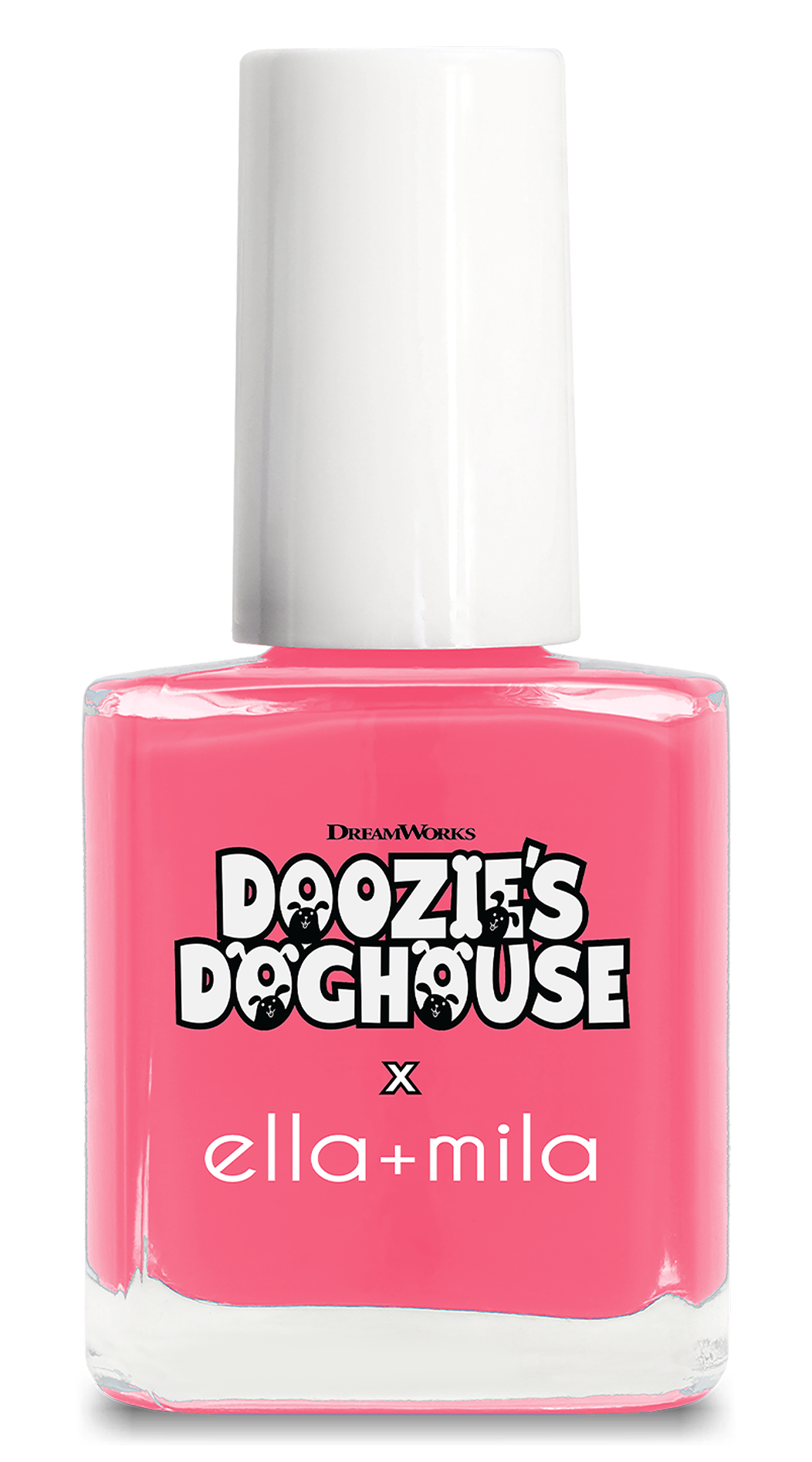 A bottle of bright pink nail polish from the DreamWorks Doozie's Doghouse and Ella + Mila collaboration.
