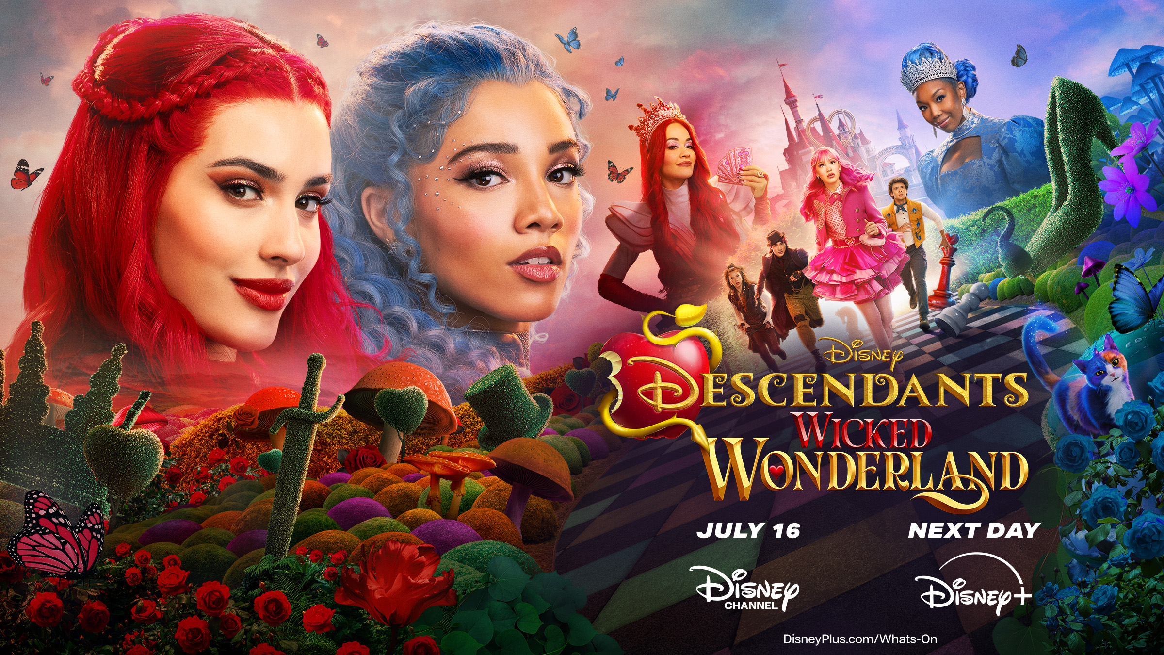 Promotional poster for 'Descendants: Wicked Wonderland' showing characters with colorful hair in a whimsical, fantasy landscape.