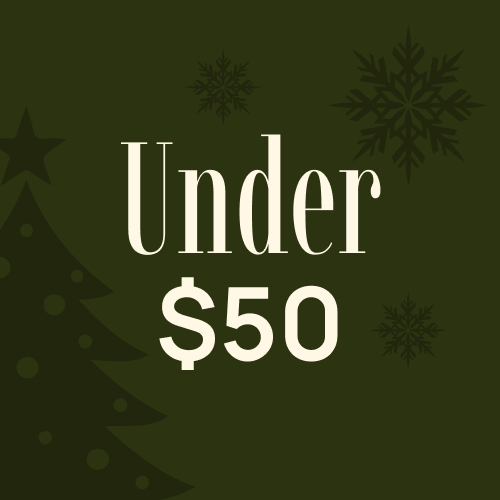 Text 'Under $50' with tree and snowflake graphics on a dark background.