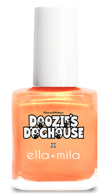 A bottle of shimmery peach nail polish with a Doozie's Doghouse x Ella + Mila label.