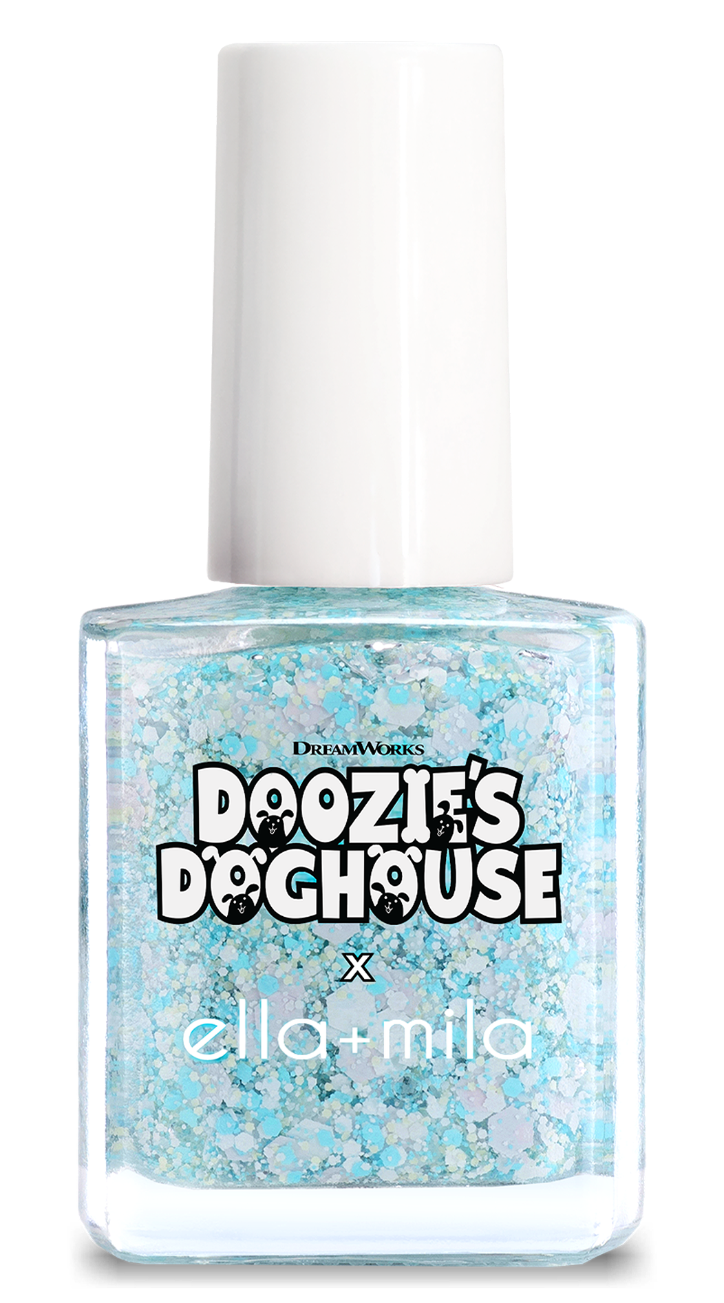 A bottle of Doozie's Doghouse x ella+mila nail polish, a clear polish with blue and white confetti glitter.