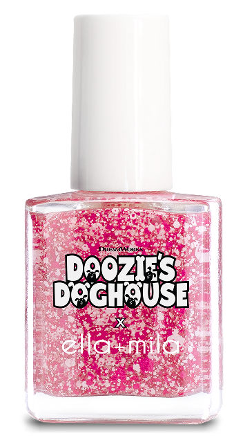 A bottle of Doozie's Doghouse x ella+mila nail polish with pink and white glitter.