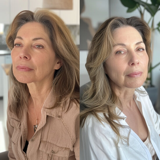 A split image showing the same woman in two different lighting conditions.