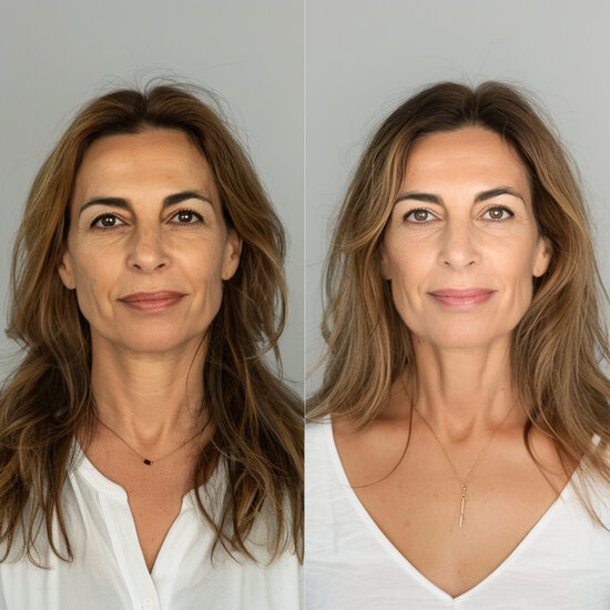Side-by-side comparison of a woman in two similar portraits.