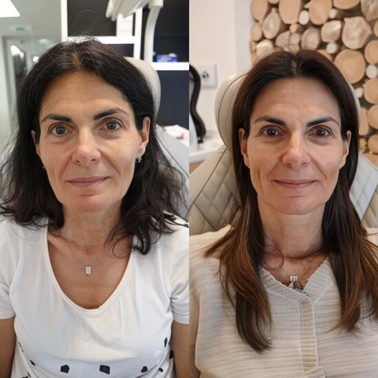 Side-by-side comparison of a woman's facial appearance in two different settings.