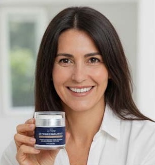 Person holding a jar of cream, smiling, with a blurred background.