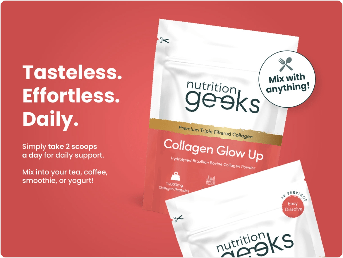 Collagen supplement packaging with text promoting daily use and easy mixing.