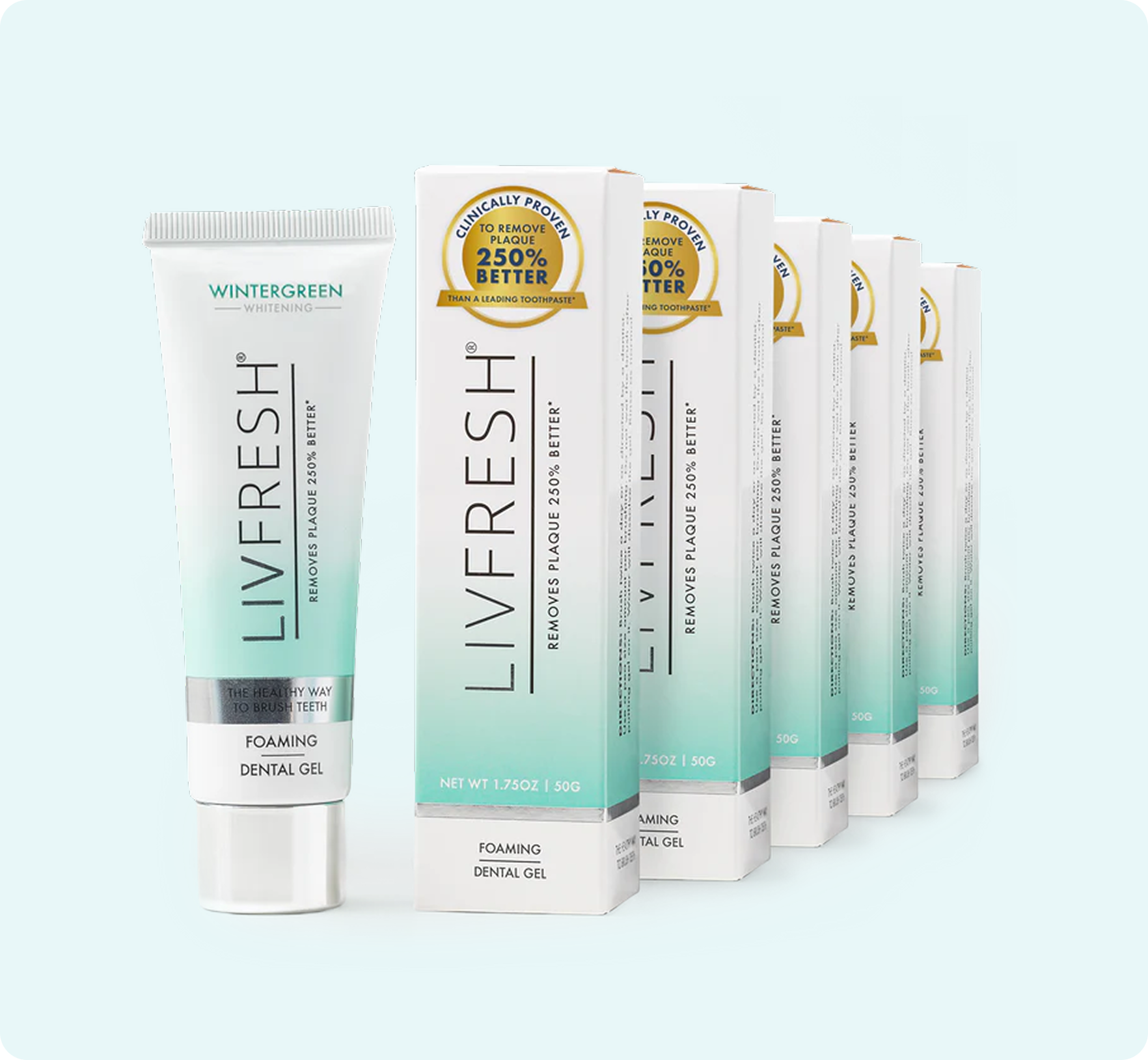 LivFresh foaming dental gel tube and boxes on a light background.