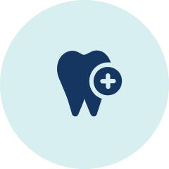 Icon of a tooth with a plus sign on a light blue background.