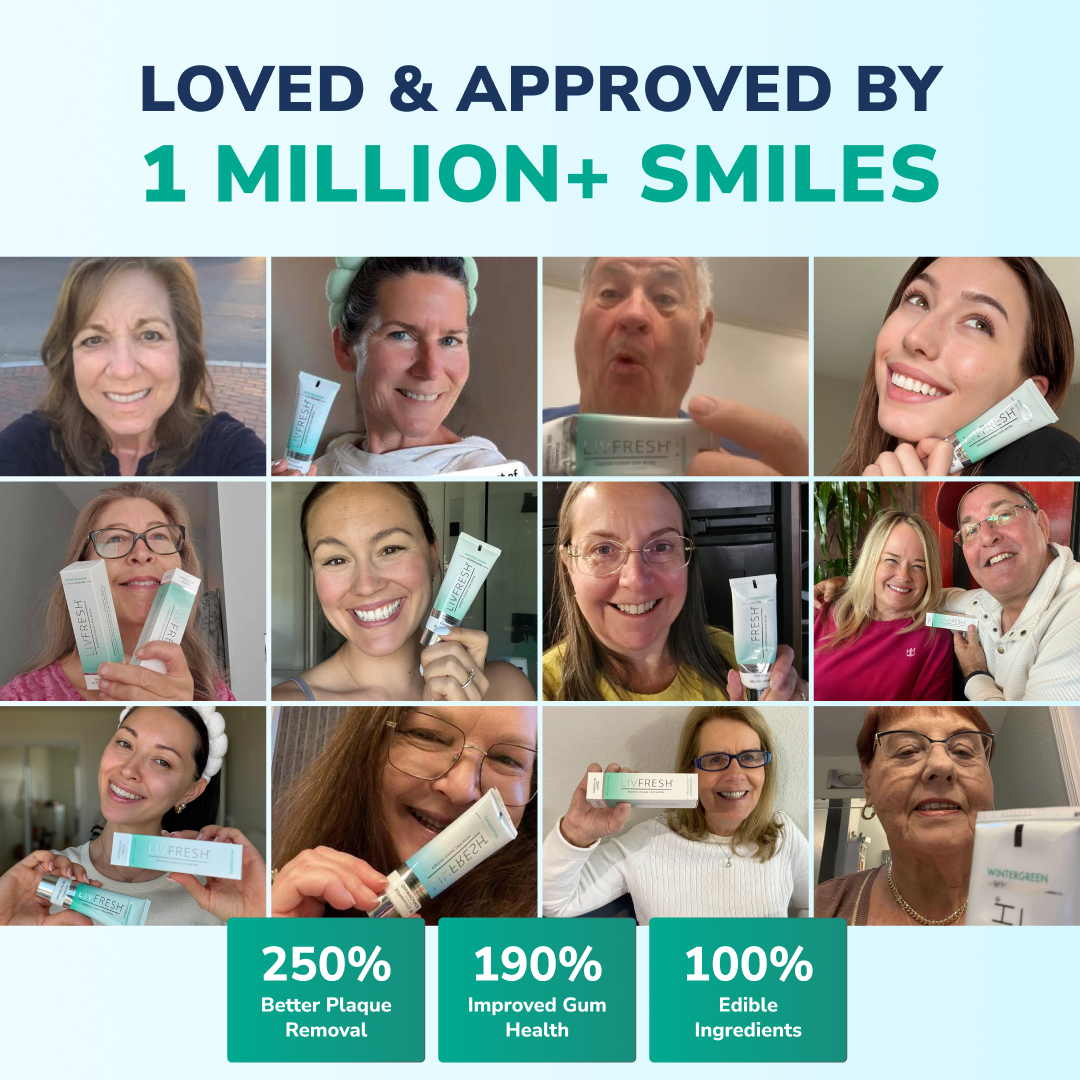 A collage of smiling people holding tubes of LIVFRESH toothpaste above text with dental health statistics.