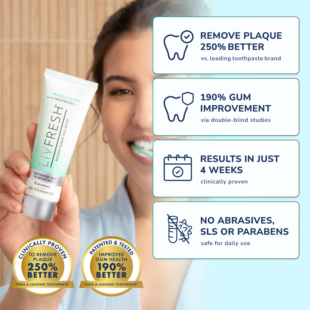 An advertisement for LivFresh toothpaste showing a woman holding the product and its listed benefits.