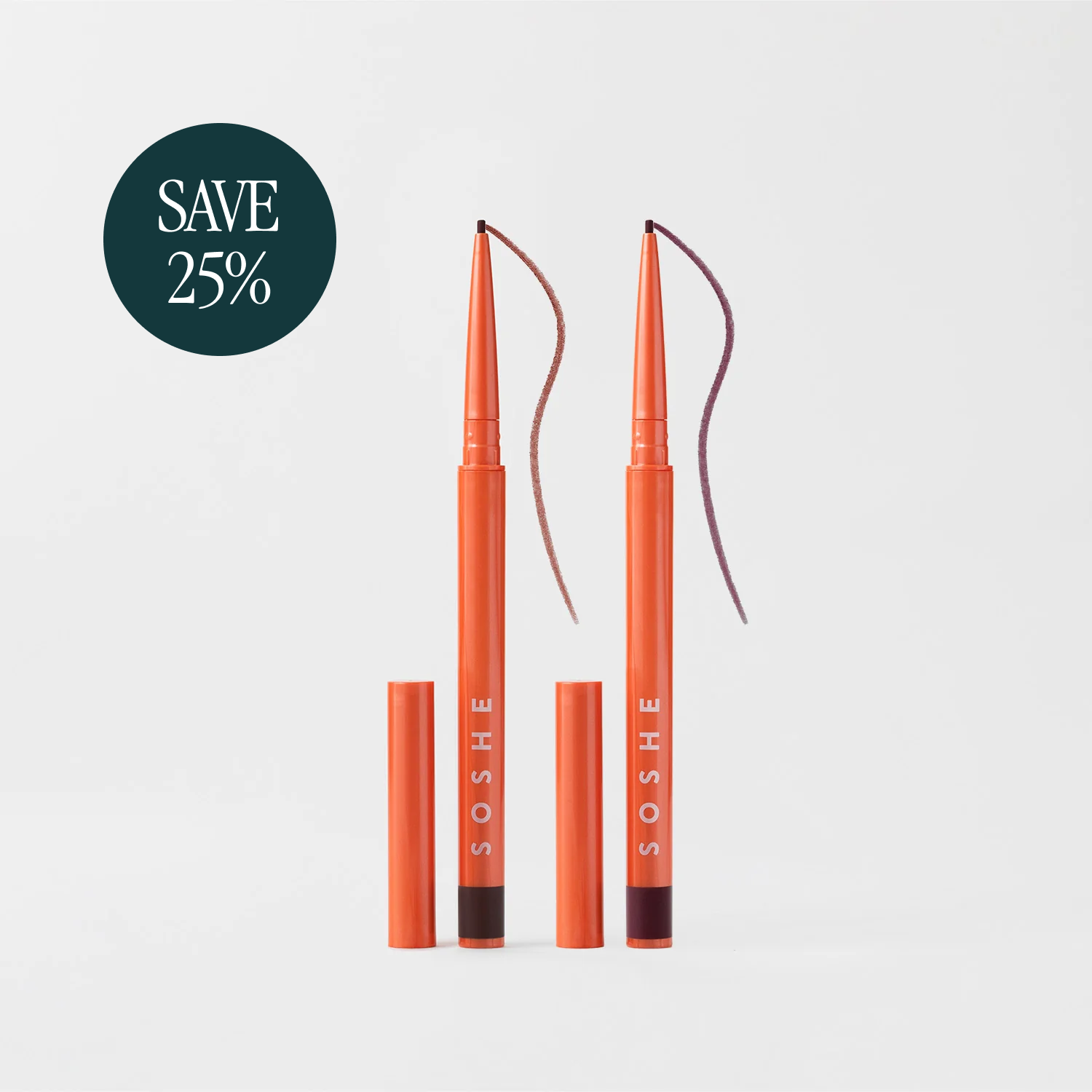 Two orange eyeliner pencils with caps, labeled 'SOSHE,' and a 'Save 25%' badge.