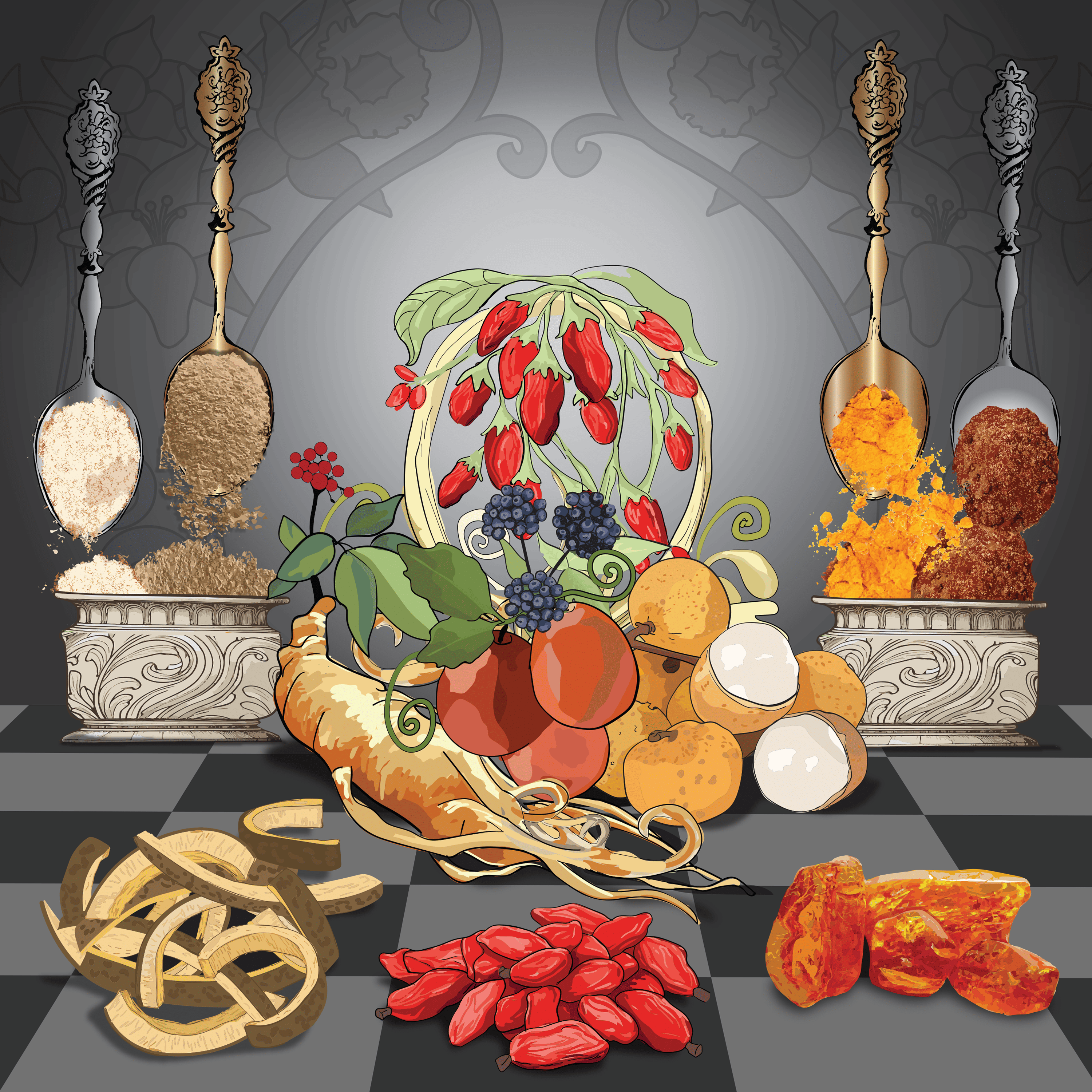 Illustration of various herbs, spices, and roots with ornate spoons and containers.
