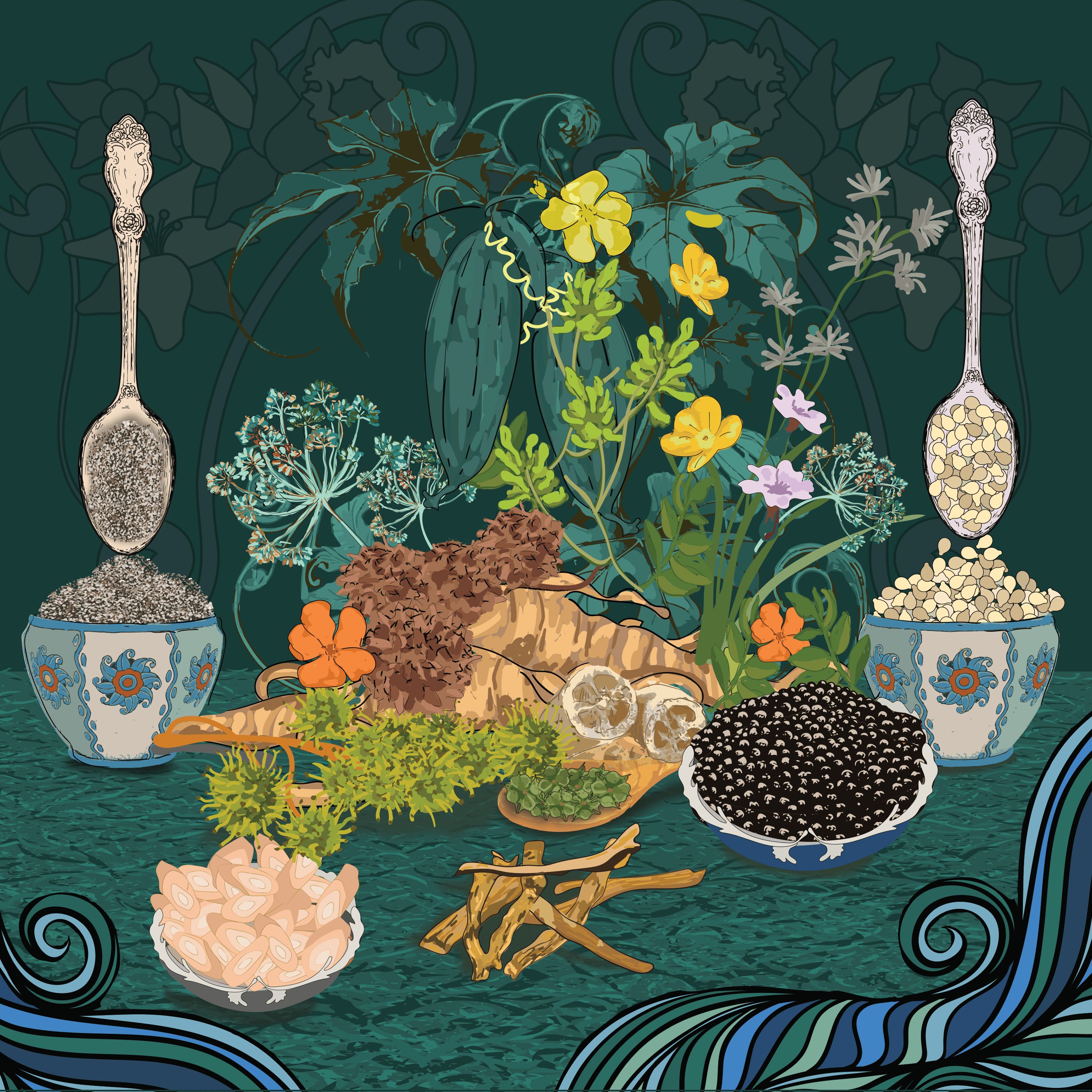 Illustration of herbs, roots, seeds, and flowers on a decorative background.