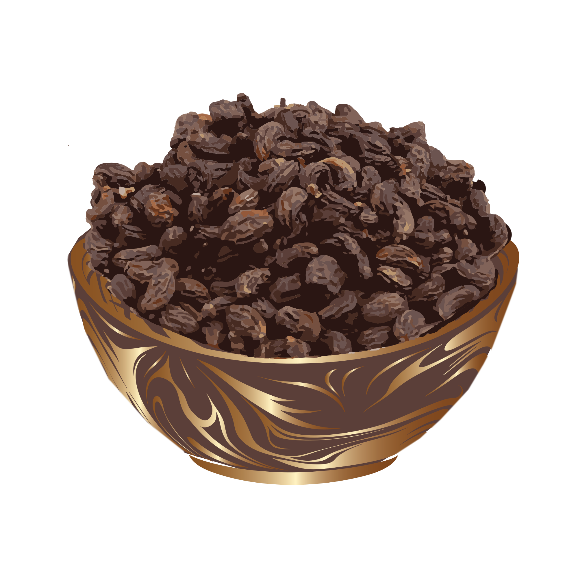 Illustration of a bowl filled with dark raisins.