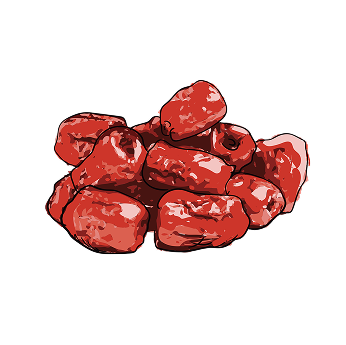 Illustration of a pile of red dates on a black background.