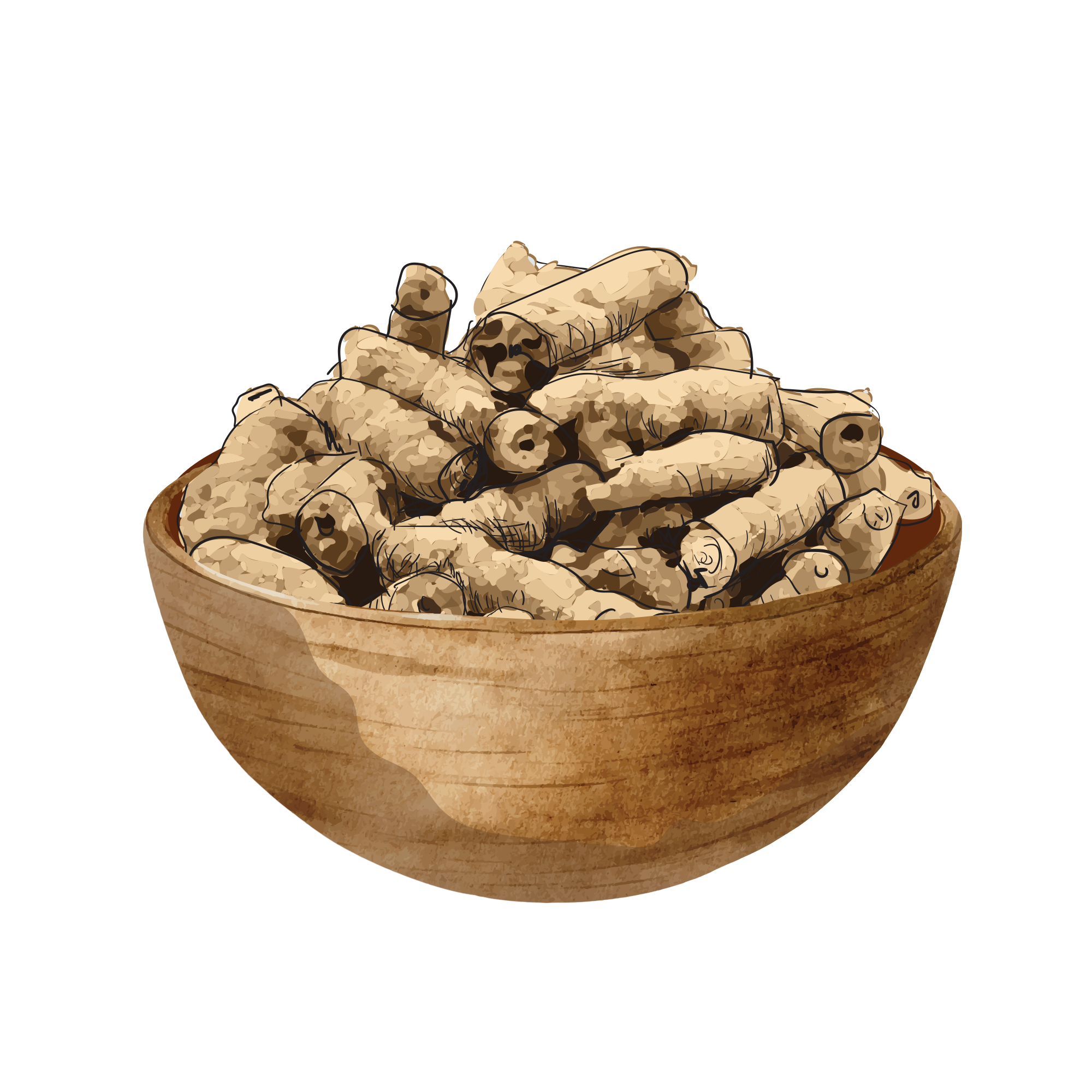 Illustration of a wooden bowl filled with rolled pastries.