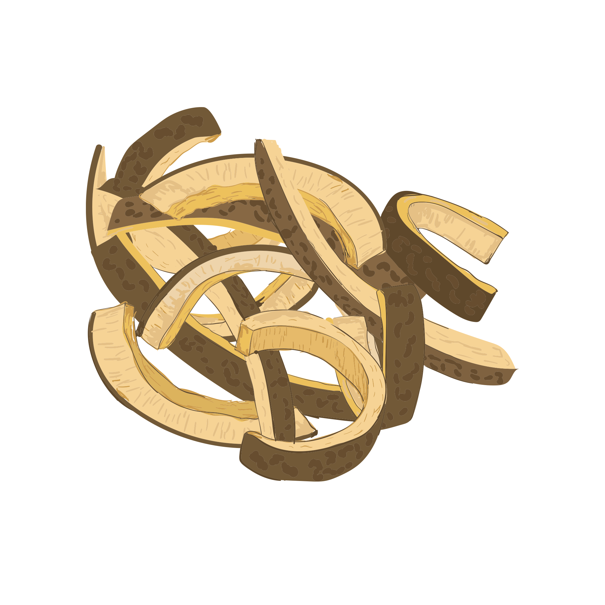 Illustration of sliced brown and beige plantain peels on a white background.