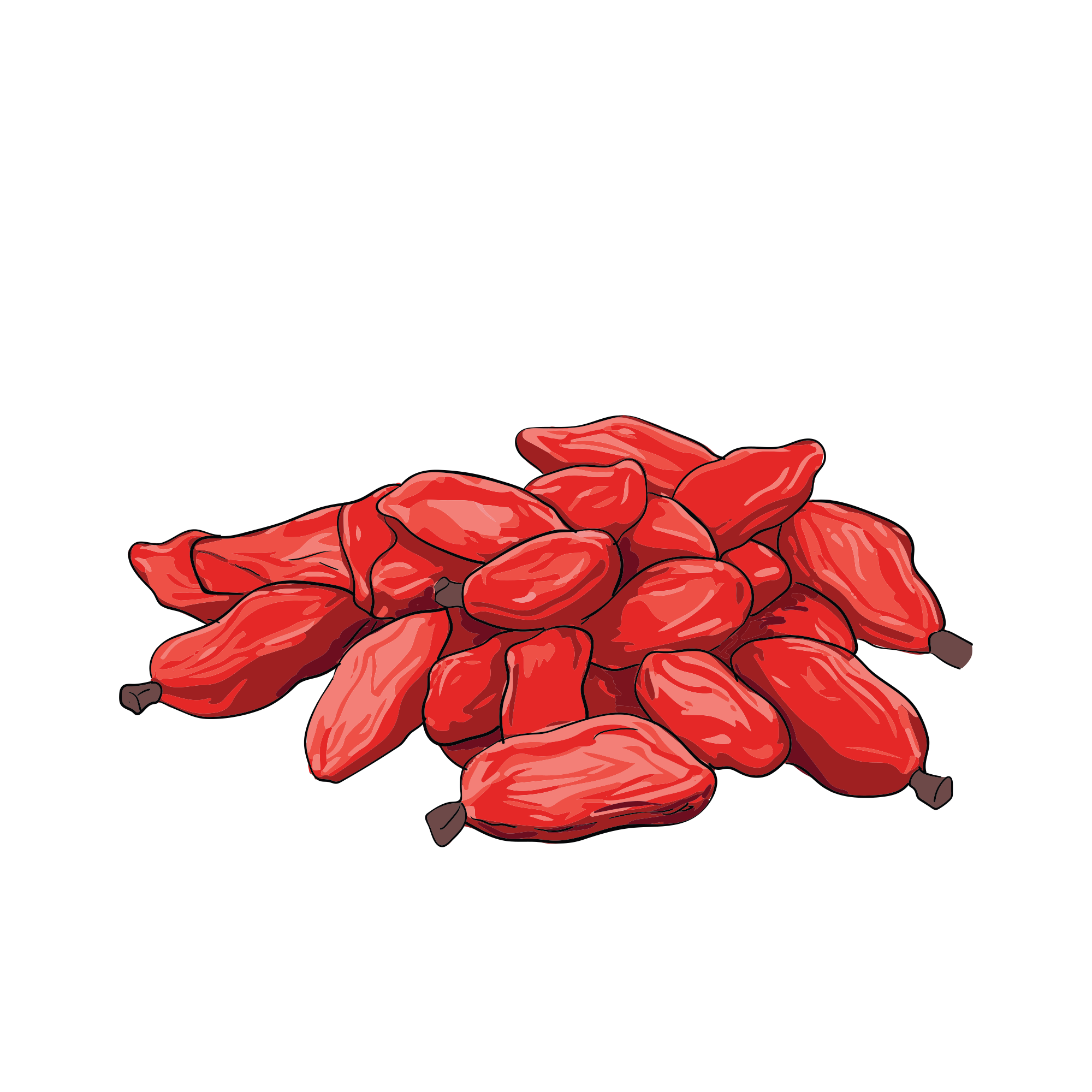 Illustration of a pile of red chili peppers on a black background.