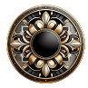 Ornate circular emblem with gold and black floral design.