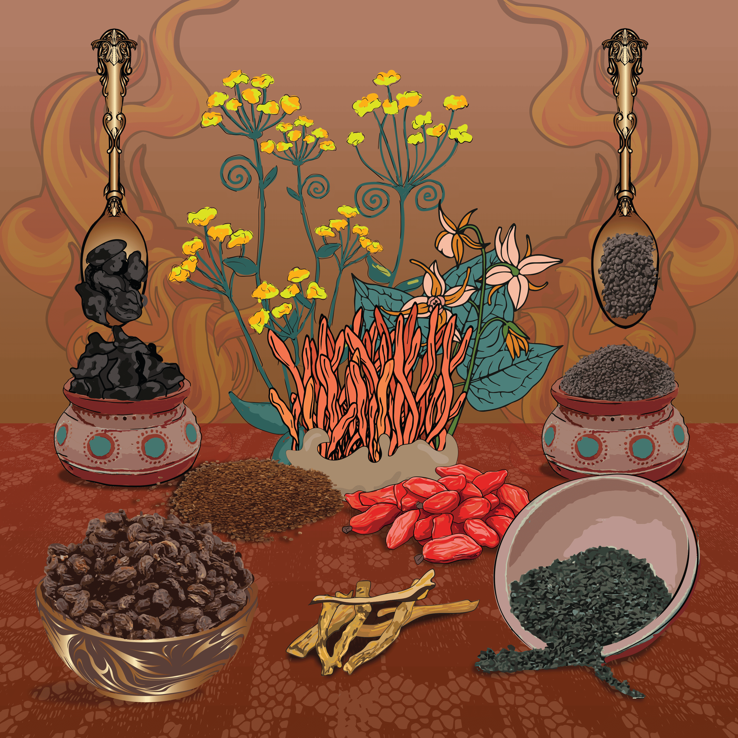 Illustration of various herbs and spices with decorative spoons and floral elements.