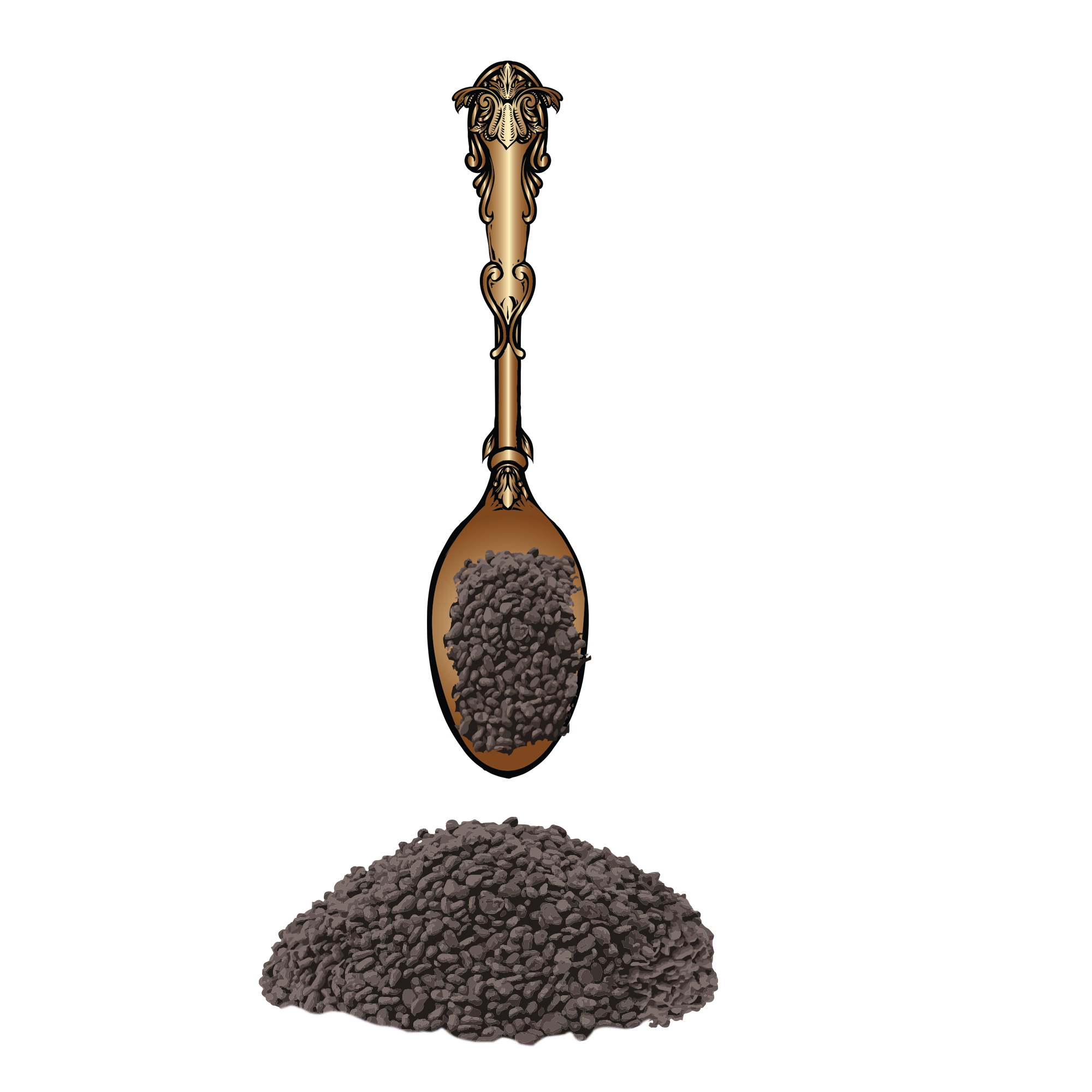 Ornate spoon with black granules, pile of granules below.