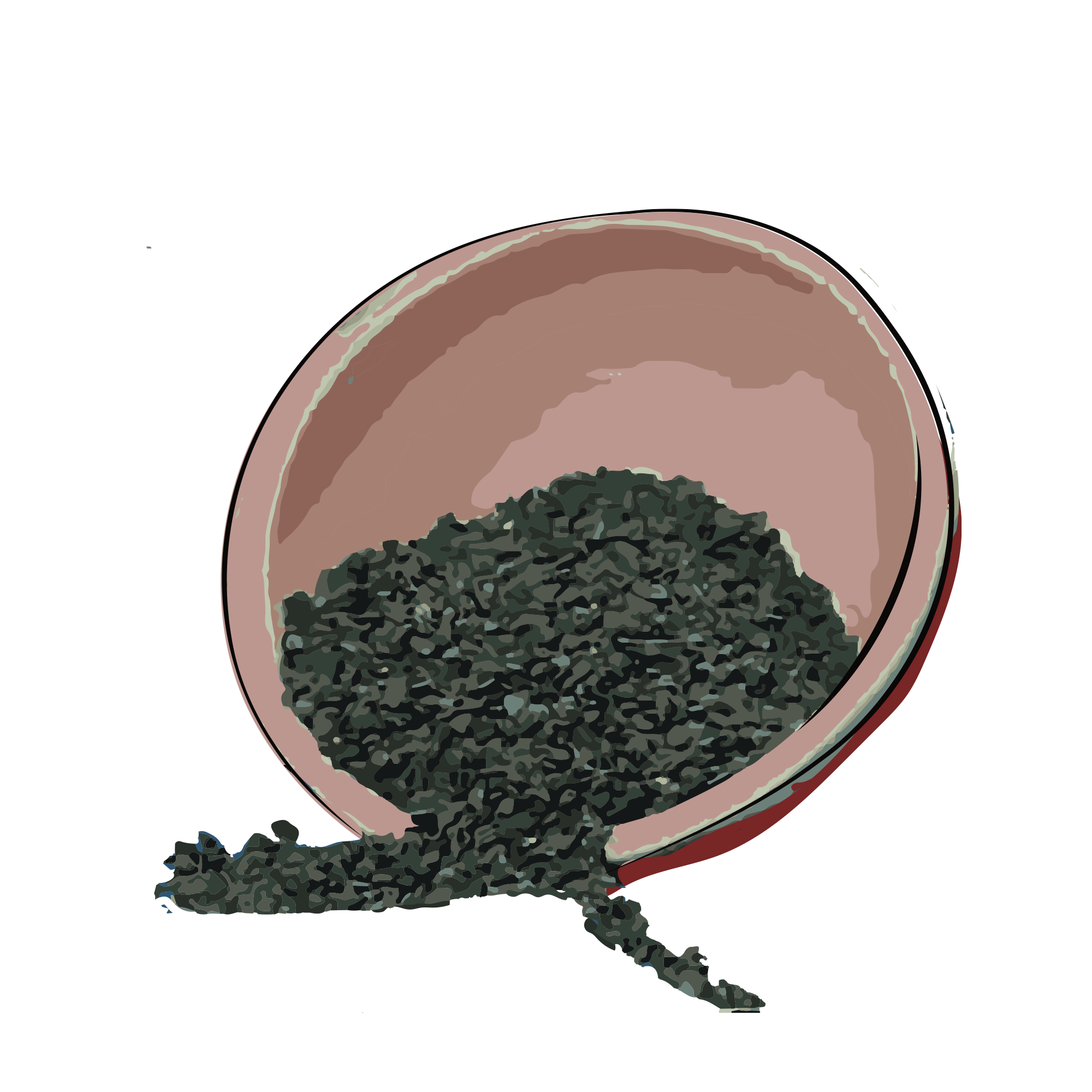 Illustration of a bowl filled with dark green leaves.
