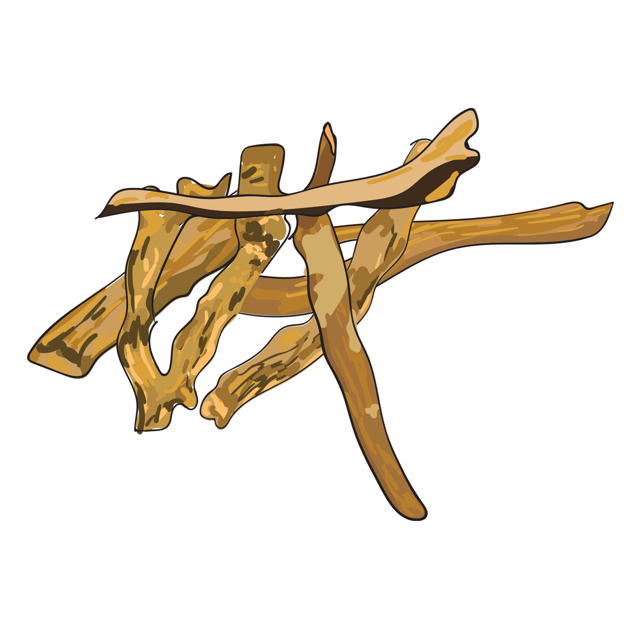 Illustration of several overlapping wooden sticks on a black background.