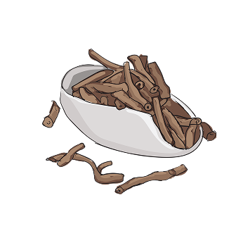 Illustration of a bowl filled with brown sticks on a white background.