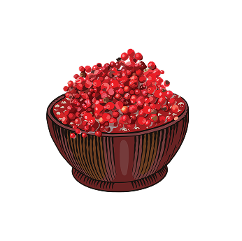 Illustration of a wooden bowl filled with red berries.