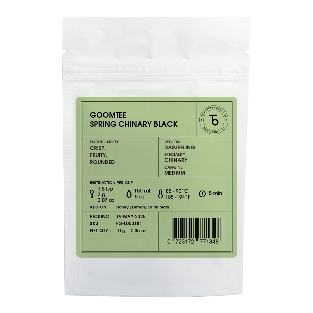 White package of Goomtee Spring Chinary Black tea with details and instructions.