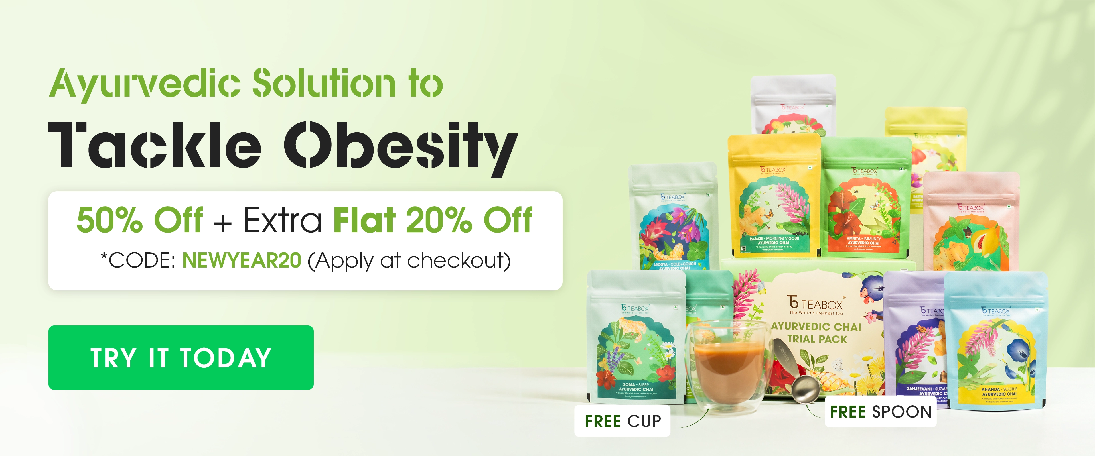 Teabox advertising a trial pack with 10 chai varieties, cup, and tea spoon.