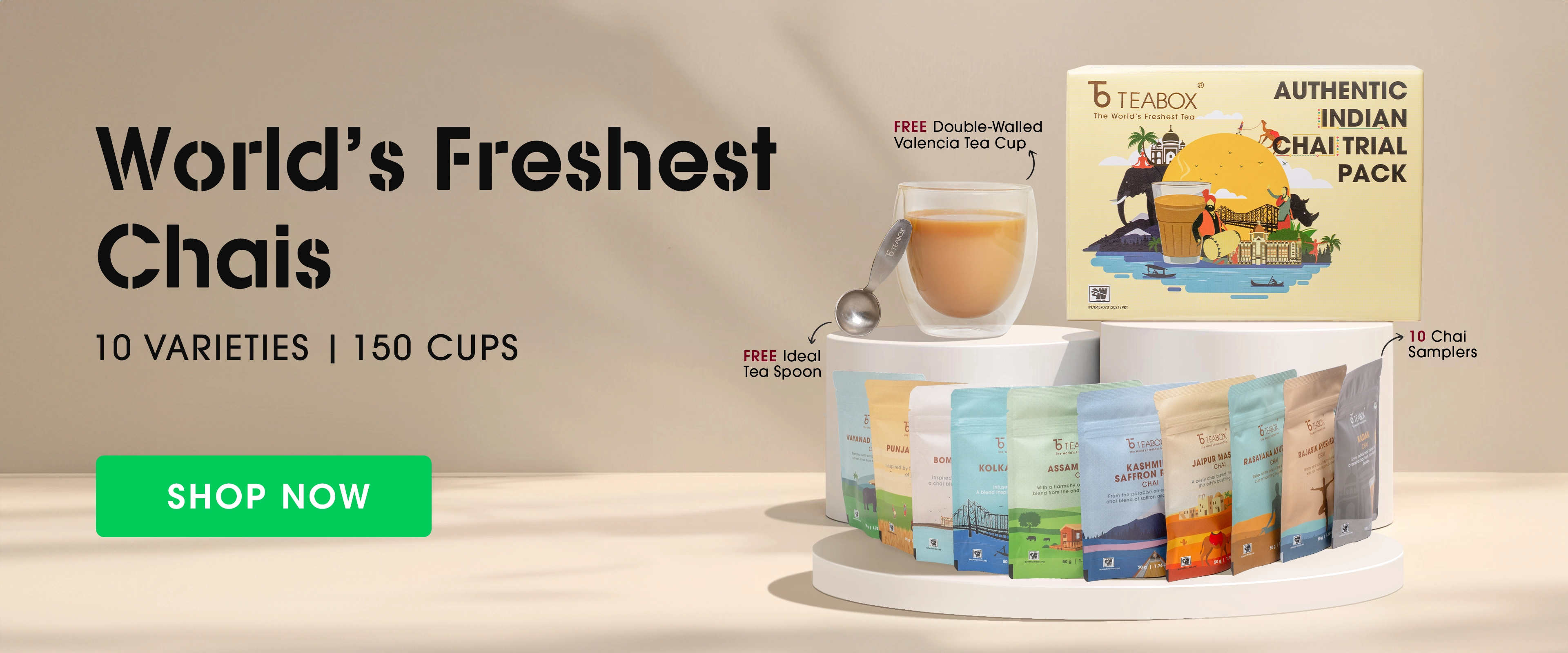 An advertisement for Teabox chai featuring a trial pack, ten sampler pouches, and a cup of chai.