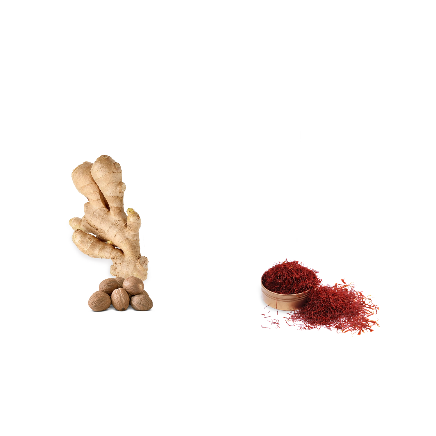 Ginger root, nutmeg, and saffron displayed on green background.
