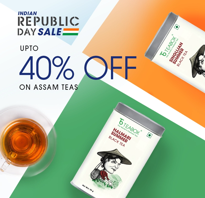 An advertisement for an Indian Republic Day sale on Teabox Assam teas, with canisters and a cup of tea.